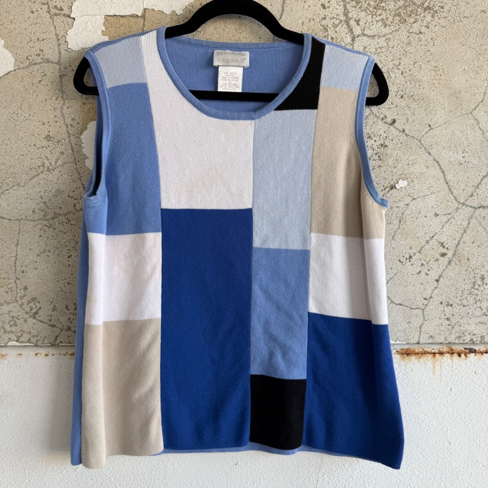 Vtg 90s Sweater Vest Colorblock Cotton Knit Sleeveless Top Women XL Summer Prep